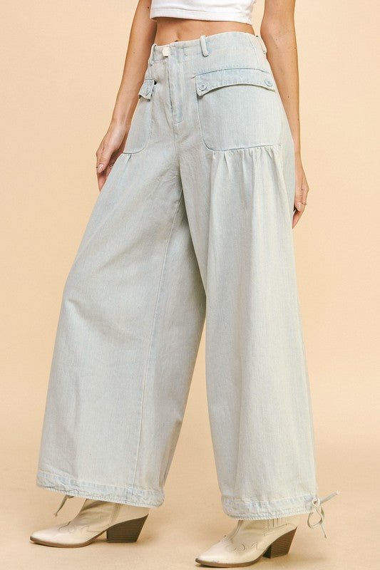 Davi & Dani - Light Wash Drawstring Hem Wide Leg Jeans