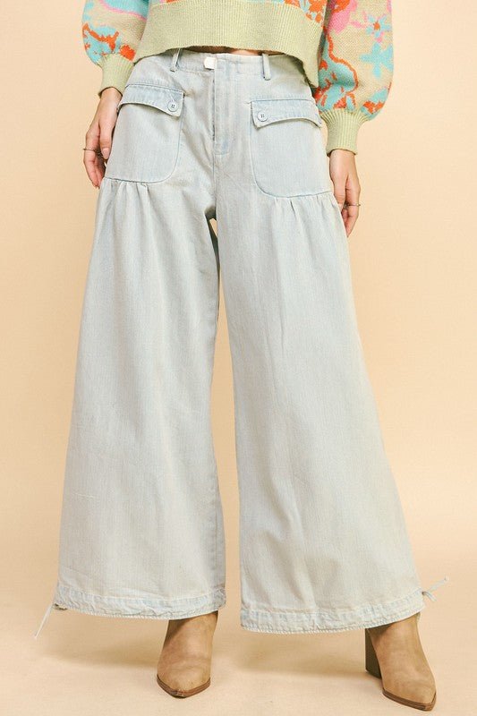 Davi & Dani - Light Wash Drawstring Hem Wide Leg Jeans