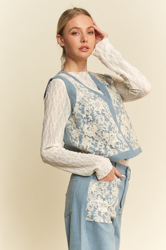 Davi & Dani - Light Wash Lace Detail Open Front Denim Vest