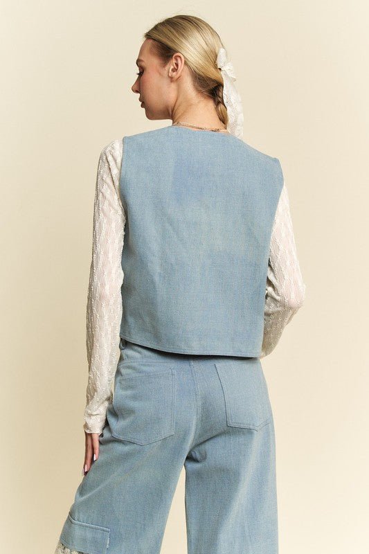 Davi & Dani - Light Wash Lace Detail Open Front Denim Vest