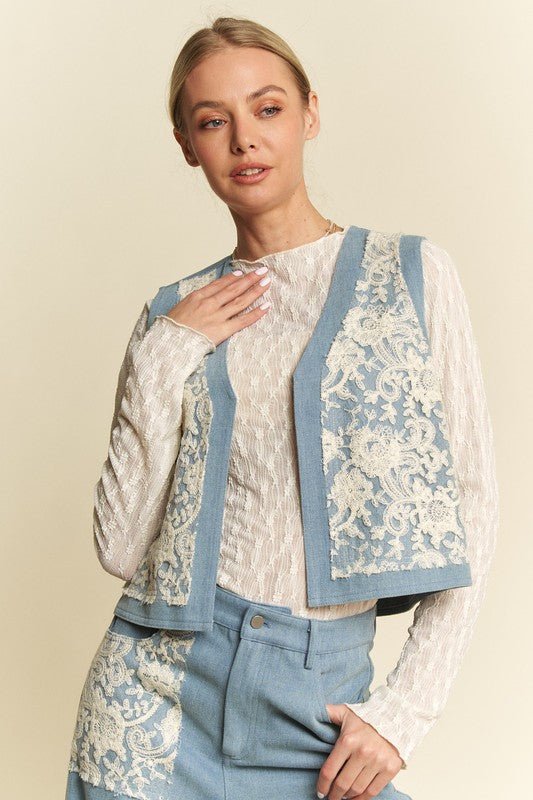 Davi & Dani - Light Wash Lace Detail Open Front Denim Vest