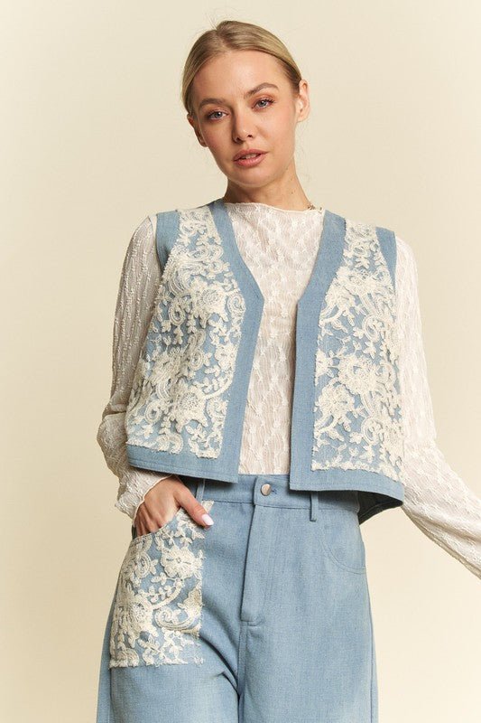 Davi & Dani - Light Wash Lace Detail Open Front Denim Vest