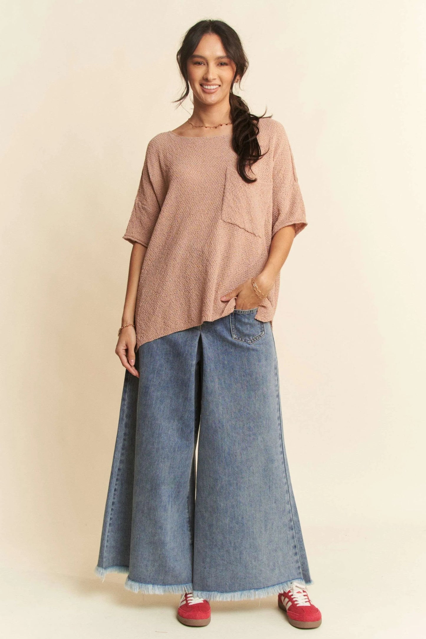 Davi & Dani - Light Wash Wide Leg Jeans with Patch Pockets and Frayed Hem