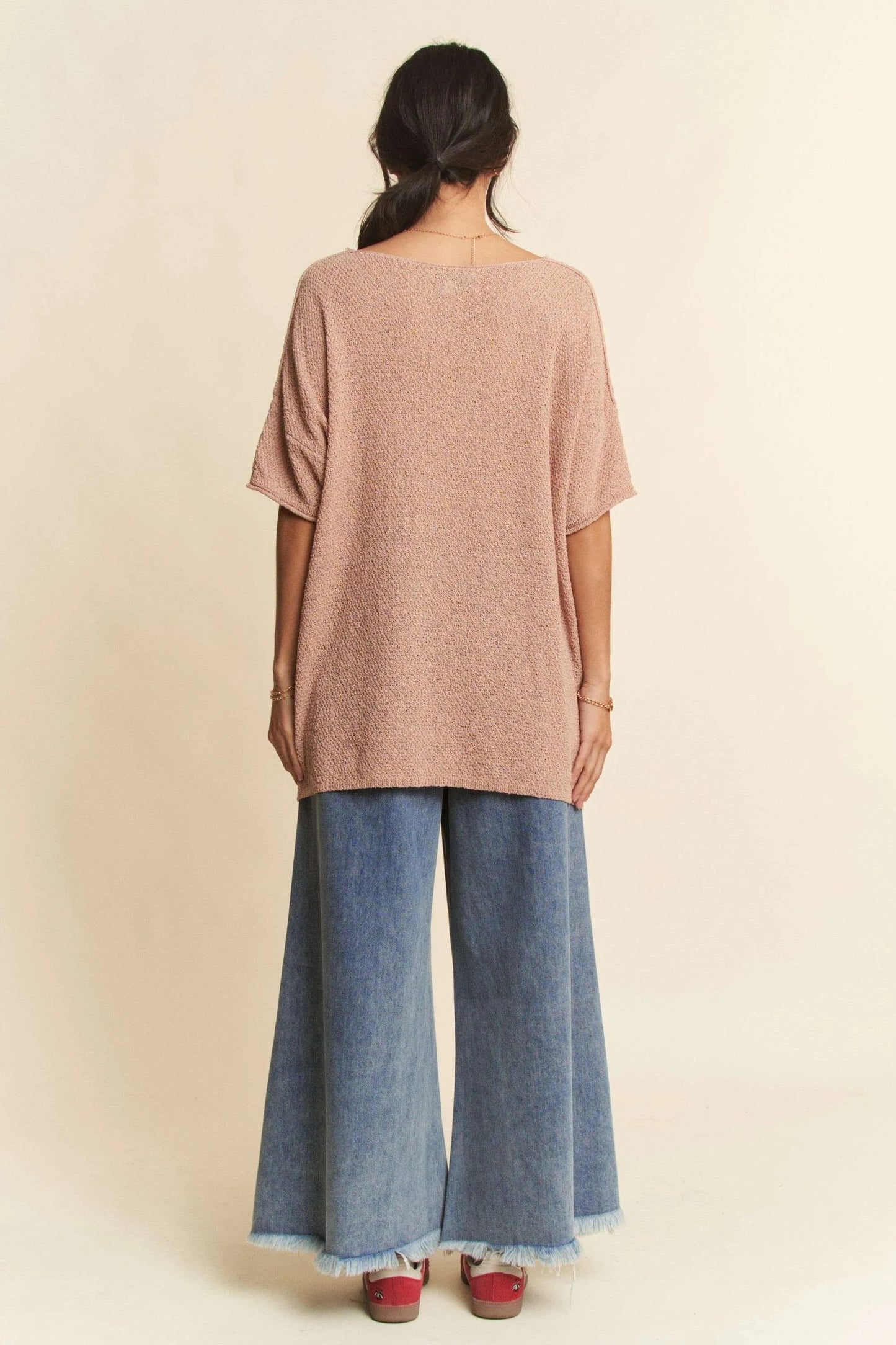 Davi & Dani - Light Wash Wide Leg Jeans with Patch Pockets and Frayed Hem