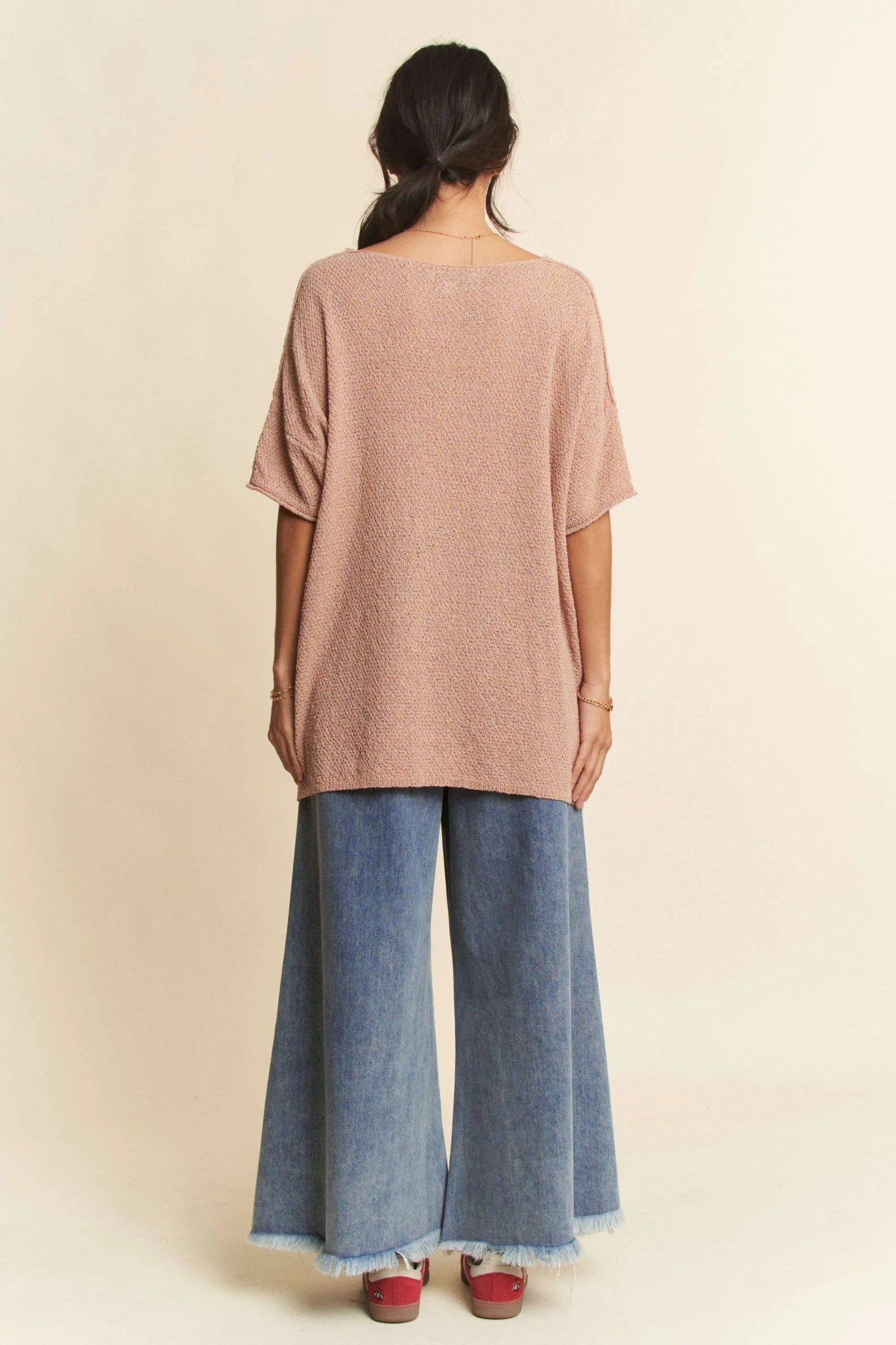 Davi & Dani - Light Wash Wide Leg Jeans with Patch Pockets and Frayed Hem