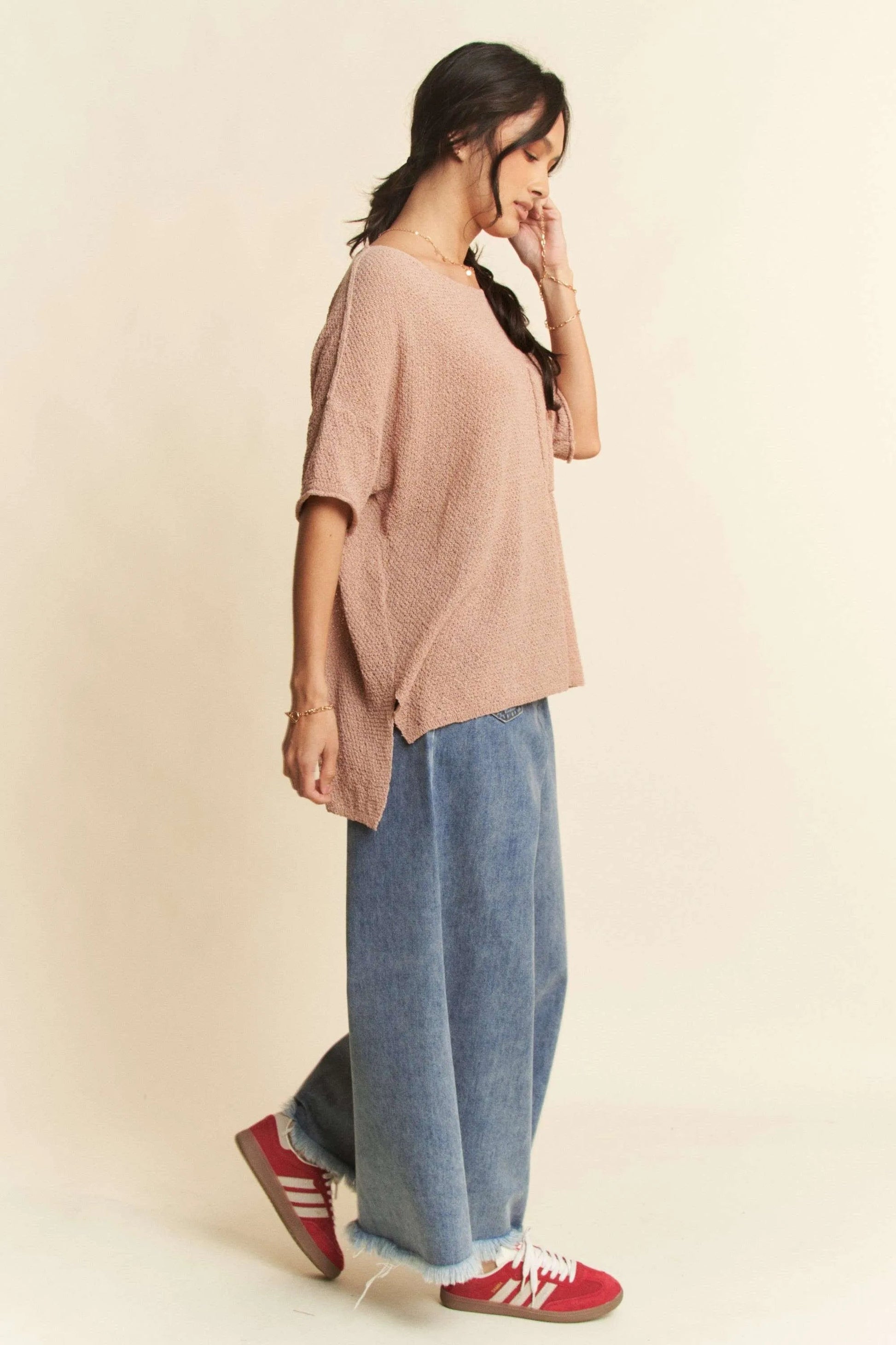 Davi & Dani - Light Wash Wide Leg Jeans with Patch Pockets and Frayed Hem