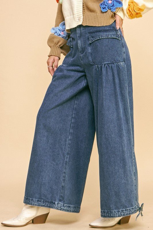 Davi & Dani - Medium Wash Drawstring Hem Wide Leg Jeans