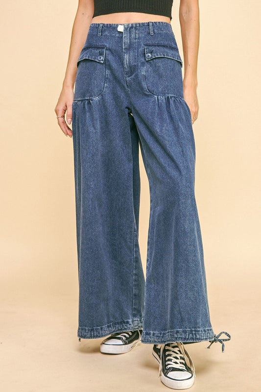 Davi & Dani - Medium Wash Drawstring Hem Wide Leg Jeans