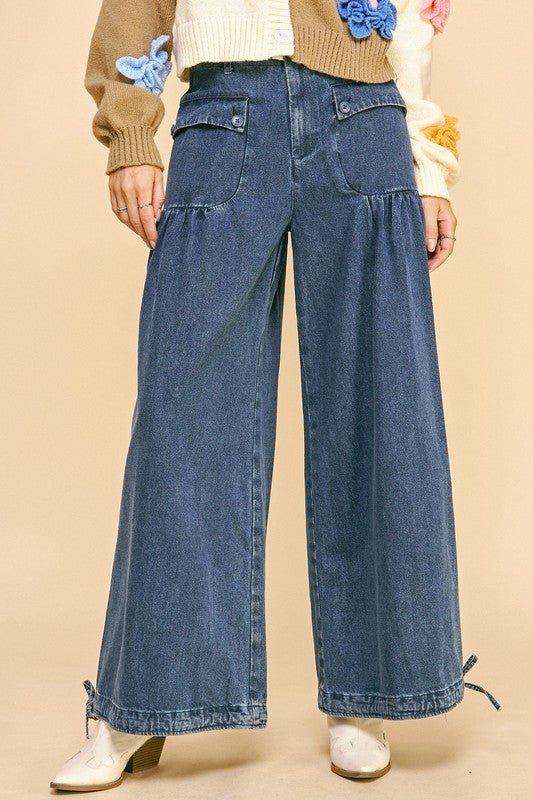 Davi & Dani - Medium Wash Drawstring Hem Wide Leg Jeans