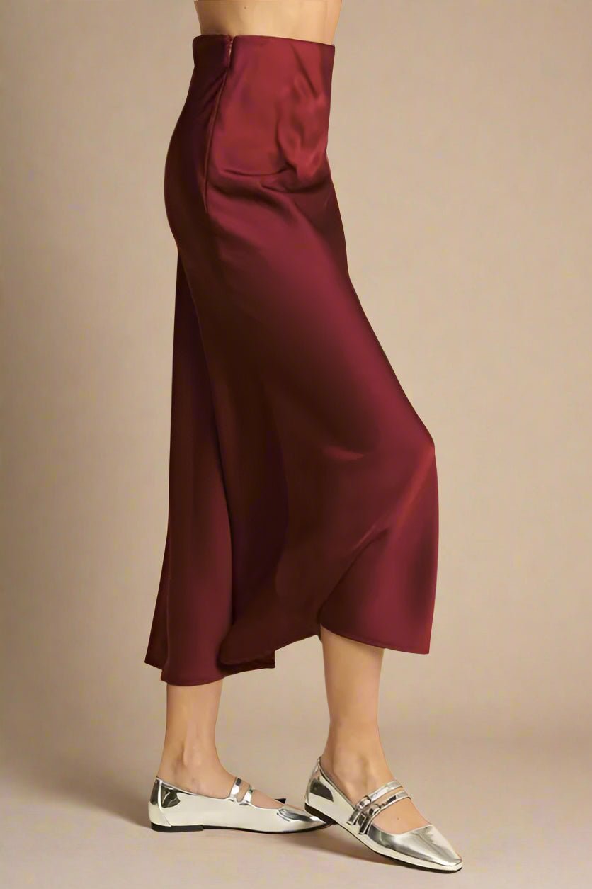 Davi & Dani - Merlot Red Satin Bias Midi Skirt