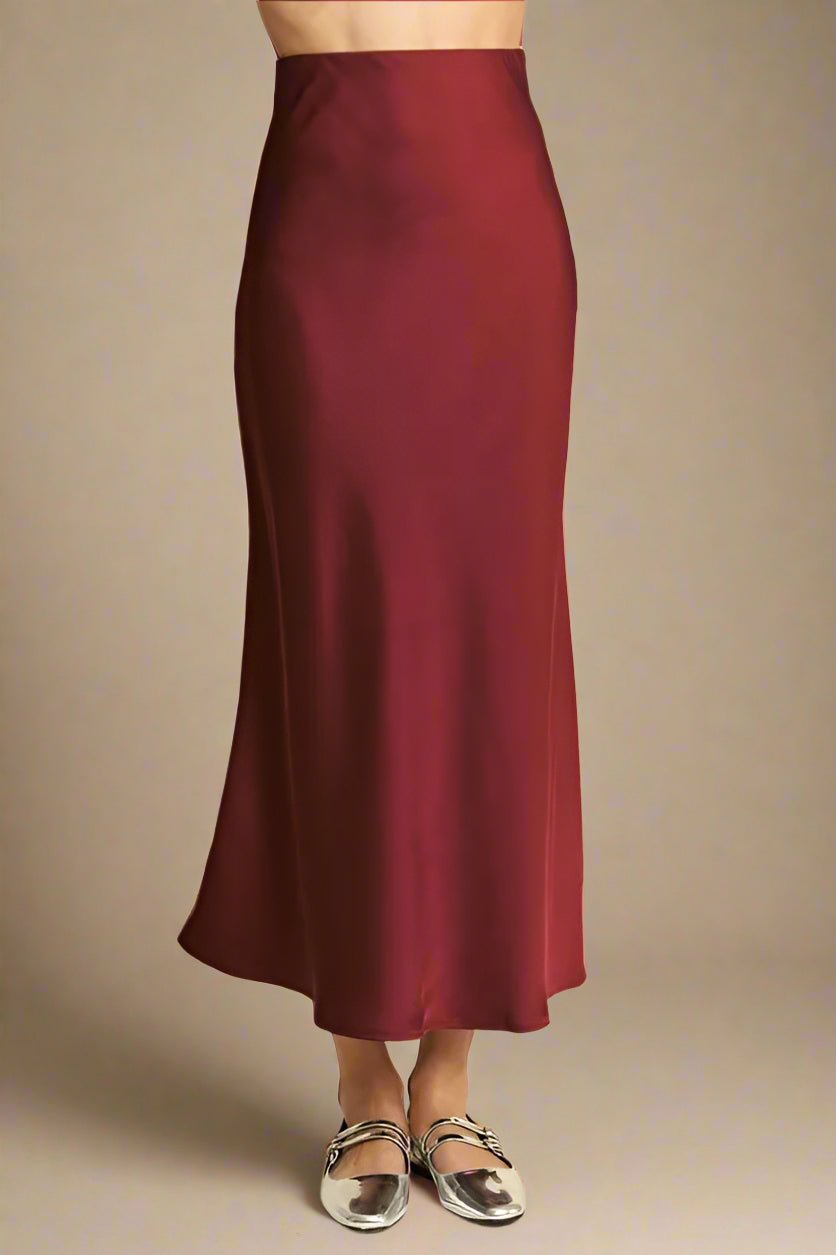 Davi & Dani - Merlot Red Satin Bias Midi Skirt