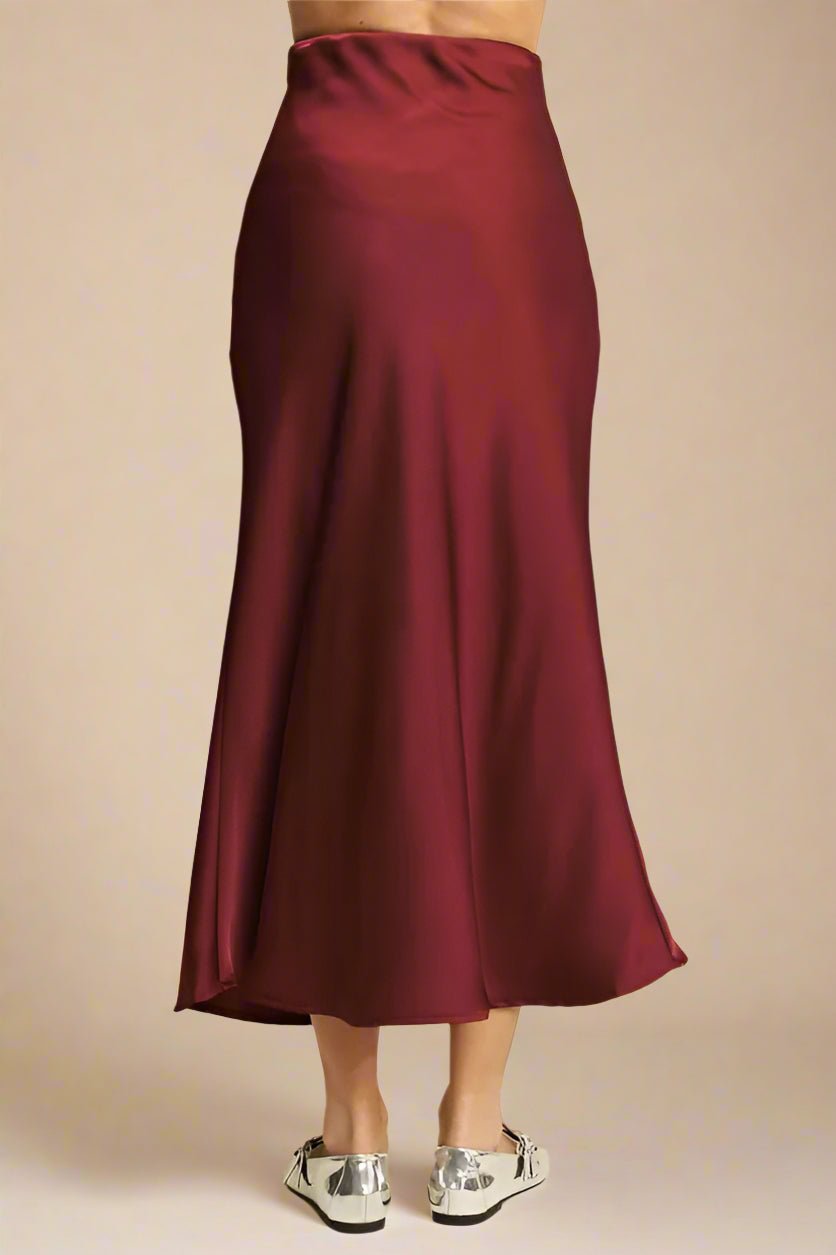 Davi & Dani - Merlot Red Satin Bias Midi Skirt