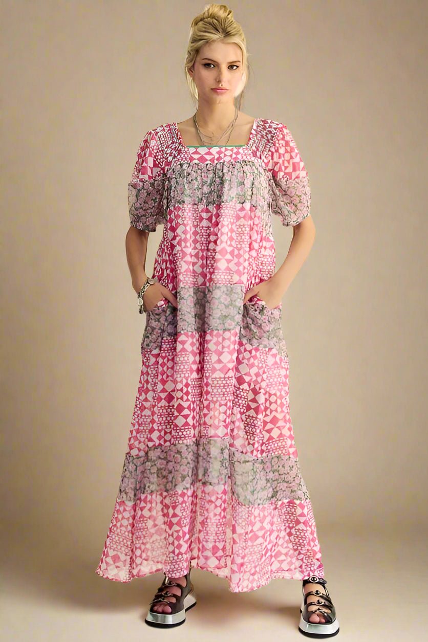 Davi & Dani - Mixed Patchwork Print Maxi Dress – Pink Multi