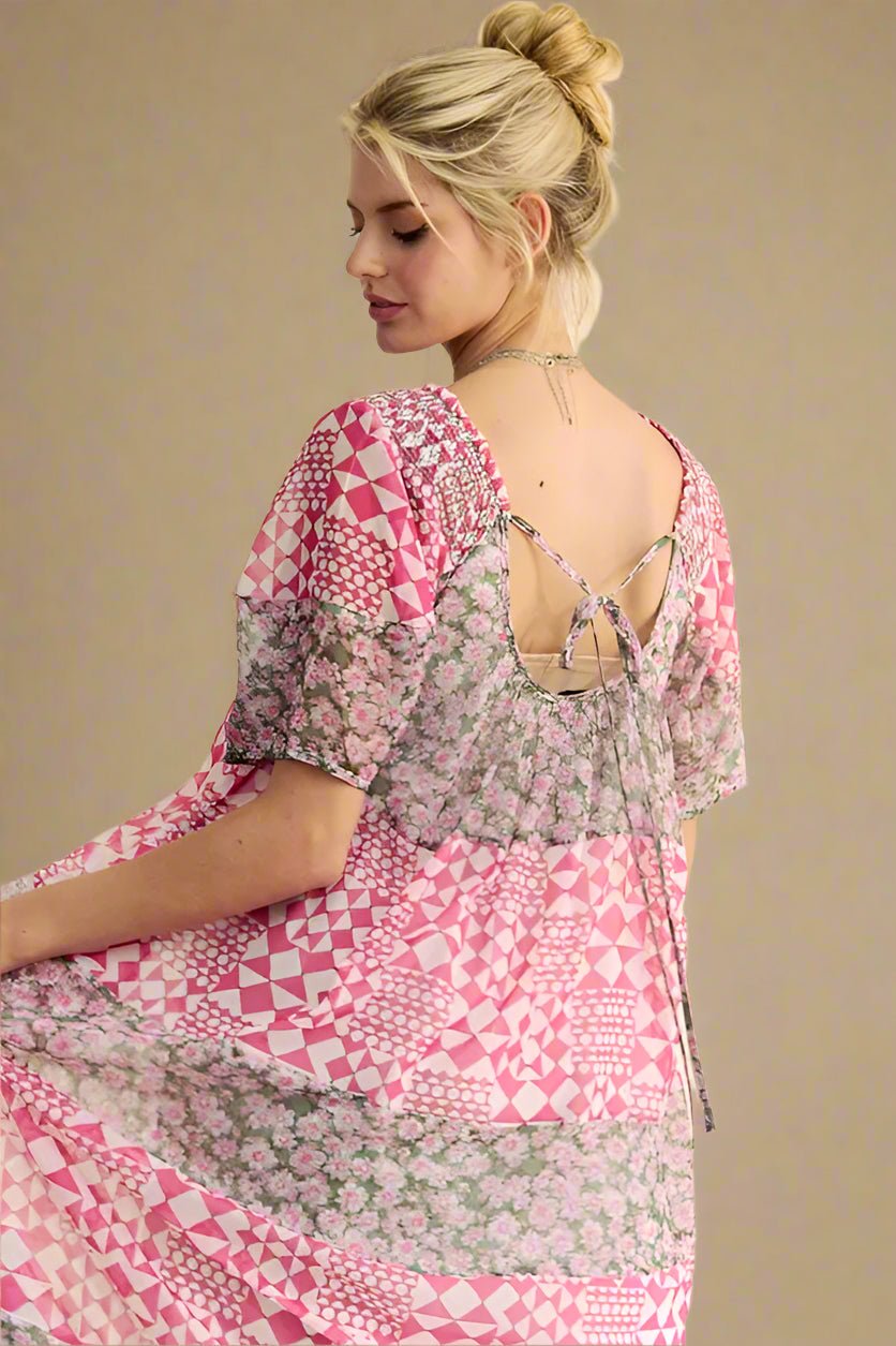 Davi & Dani - Mixed Patchwork Print Maxi Dress – Pink Multi