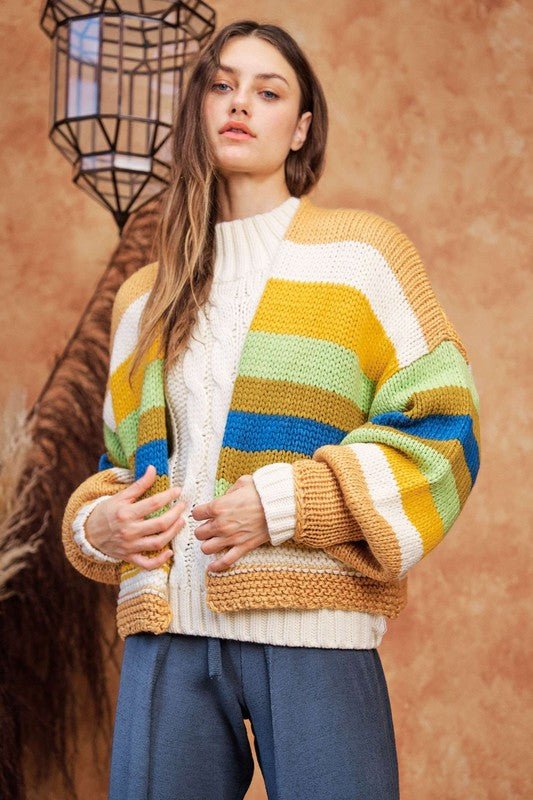 Davi & Dani - Multicolor Striped Open Front Lantern Sleeve Cardigan in Camel