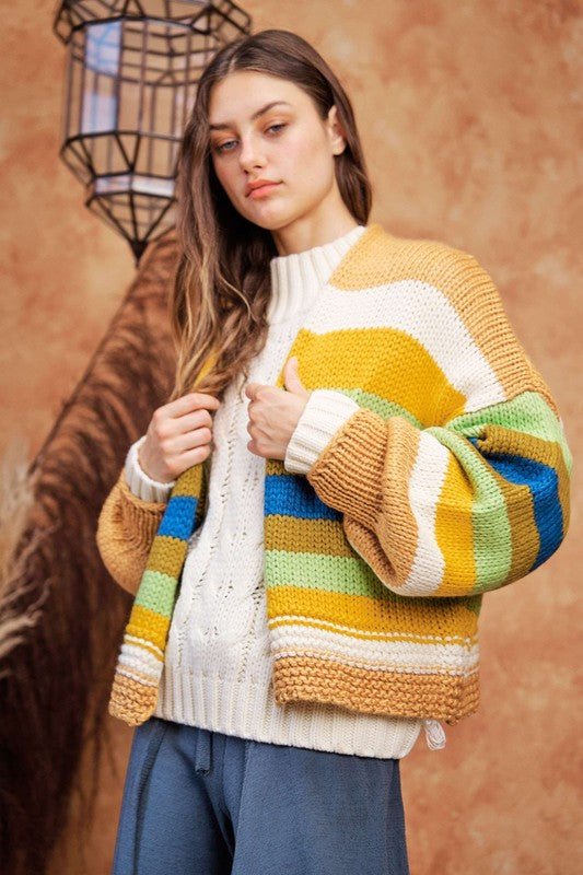 Davi & Dani - Multicolor Striped Open Front Lantern Sleeve Cardigan in Camel