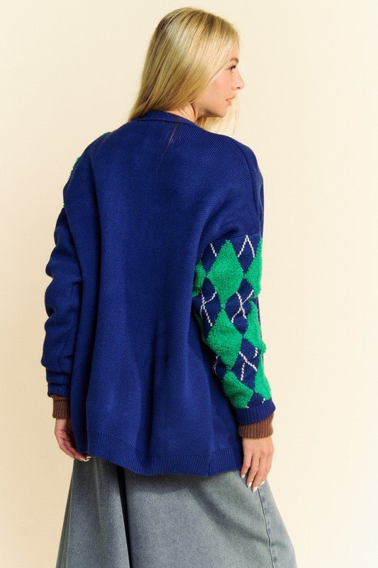 Davi & Dani - Navy Argyle Button Front Cardigan