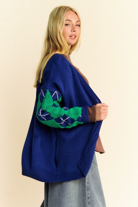 Davi & Dani - Navy Argyle Button Front Cardigan