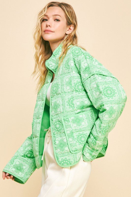 Davi & Dani - Neon Green Vintage Print Open Front Jacket