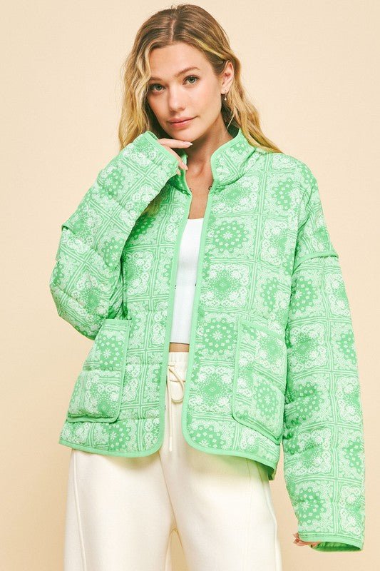 Davi & Dani - Neon Green Vintage Print Open Front Jacket