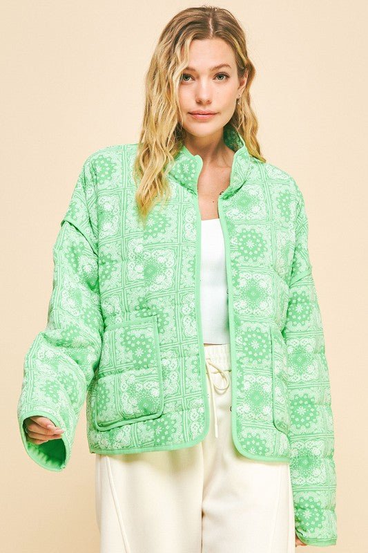 Davi & Dani - Neon Green Vintage Print Open Front Jacket