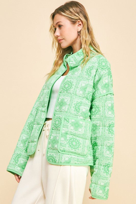 Davi & Dani - Neon Green Vintage Print Open Front Jacket