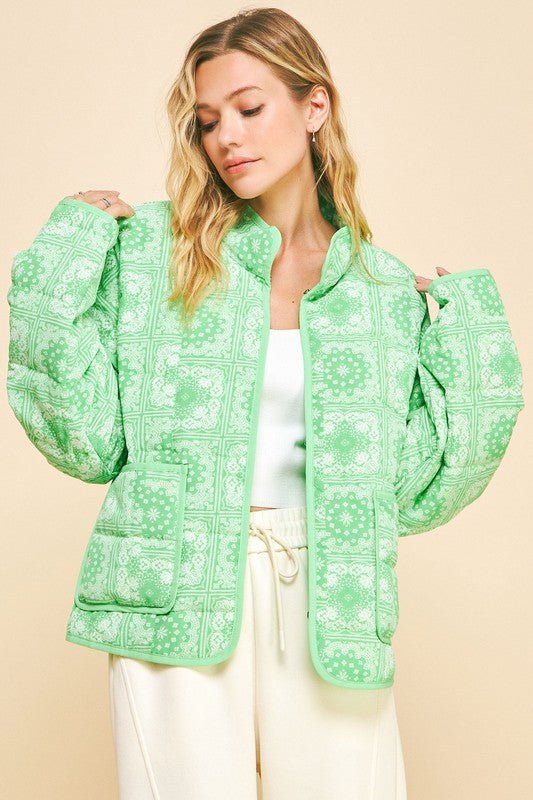 Davi & Dani - Neon Green Vintage Print Open Front Jacket