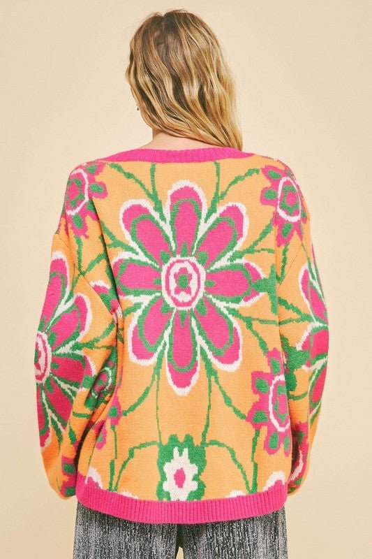 Davi & Dani - Neon Orange Floral V - Neck Sweater