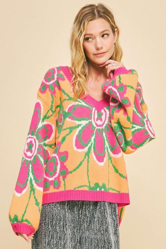 Davi & Dani - Neon Orange Floral V - Neck Sweater