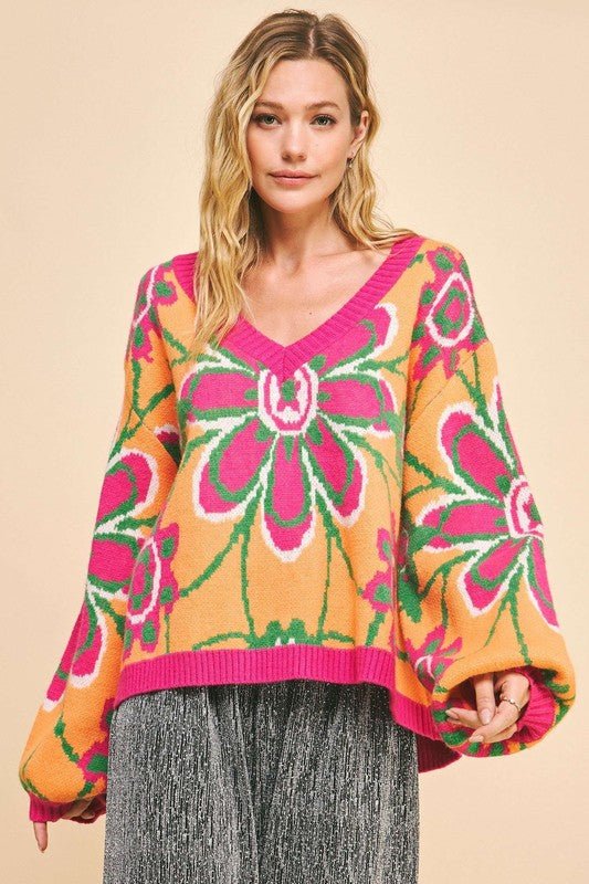 Davi & Dani - Neon Orange Floral V - Neck Sweater