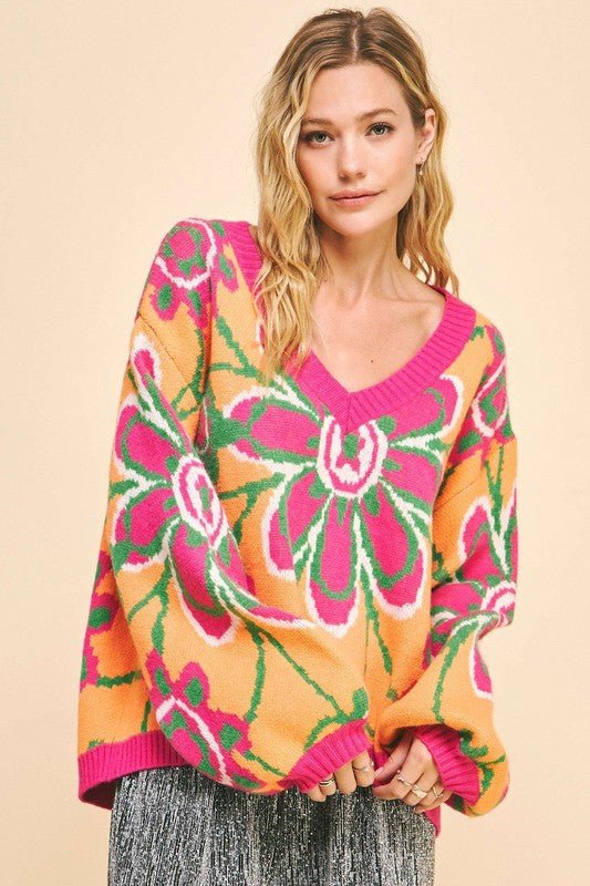 Davi & Dani - Neon Orange Floral V - Neck Sweater