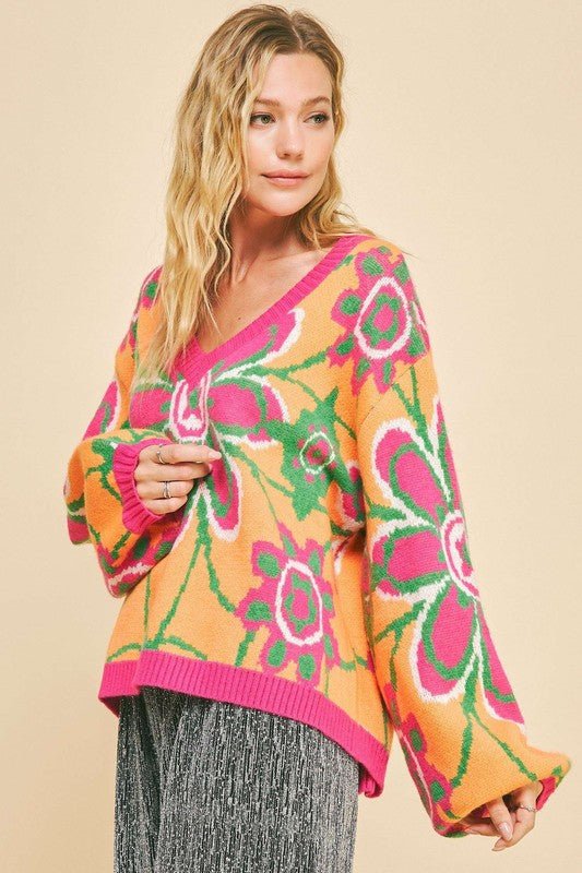 Davi & Dani - Neon Orange Floral V - Neck Sweater