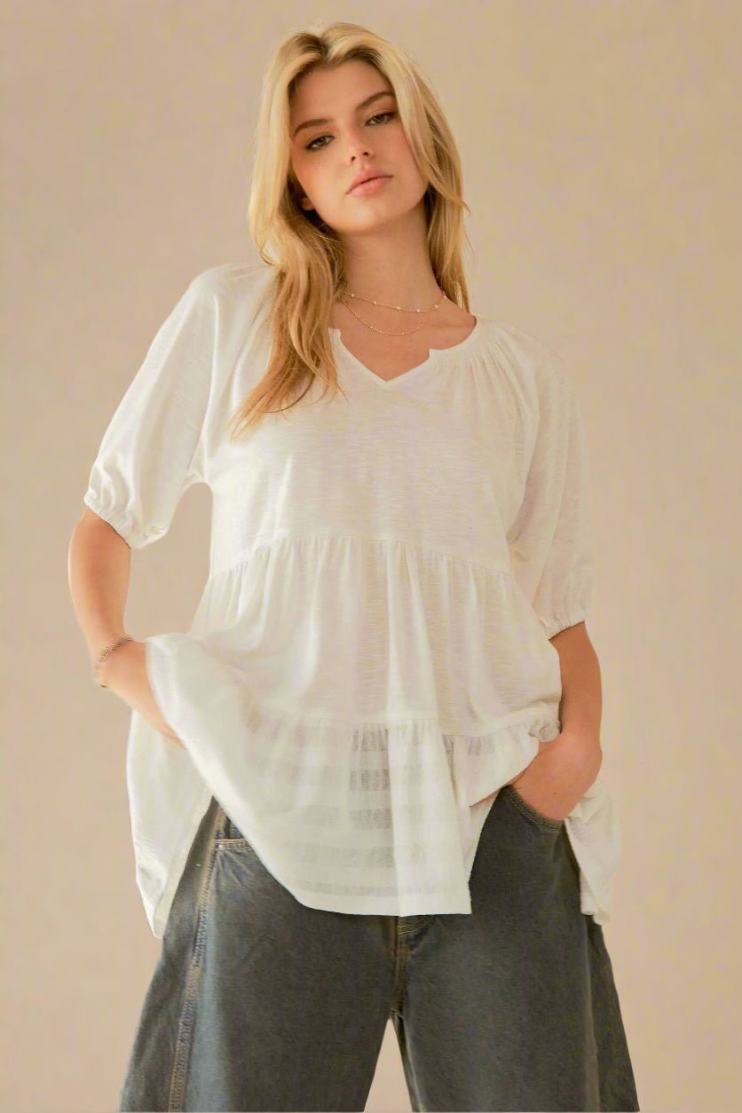 Davi & Dani - Notched Neck Tiered Babydoll Top – Soft White
