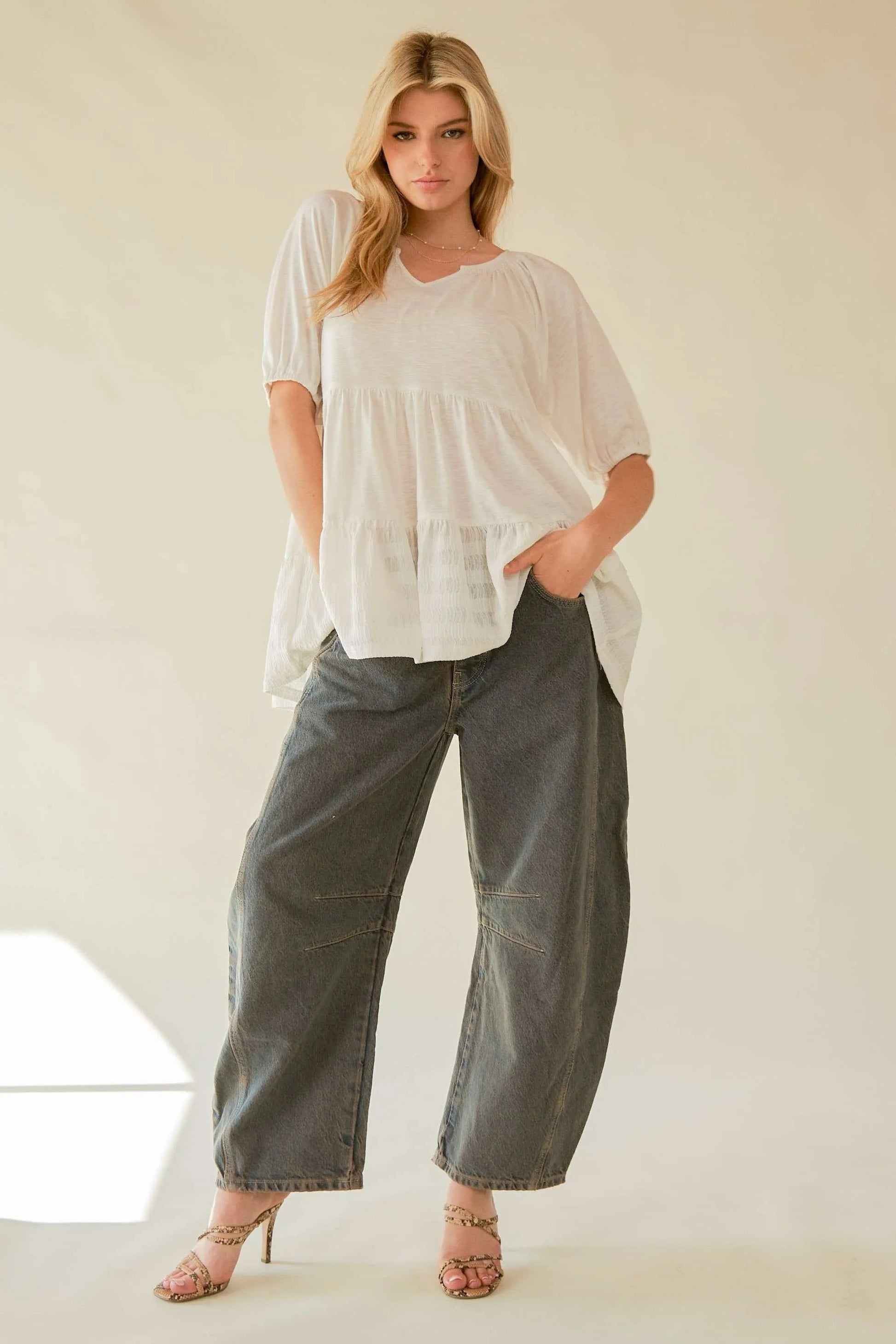 Davi & Dani - Notched Neck Tiered Babydoll Top – Soft White