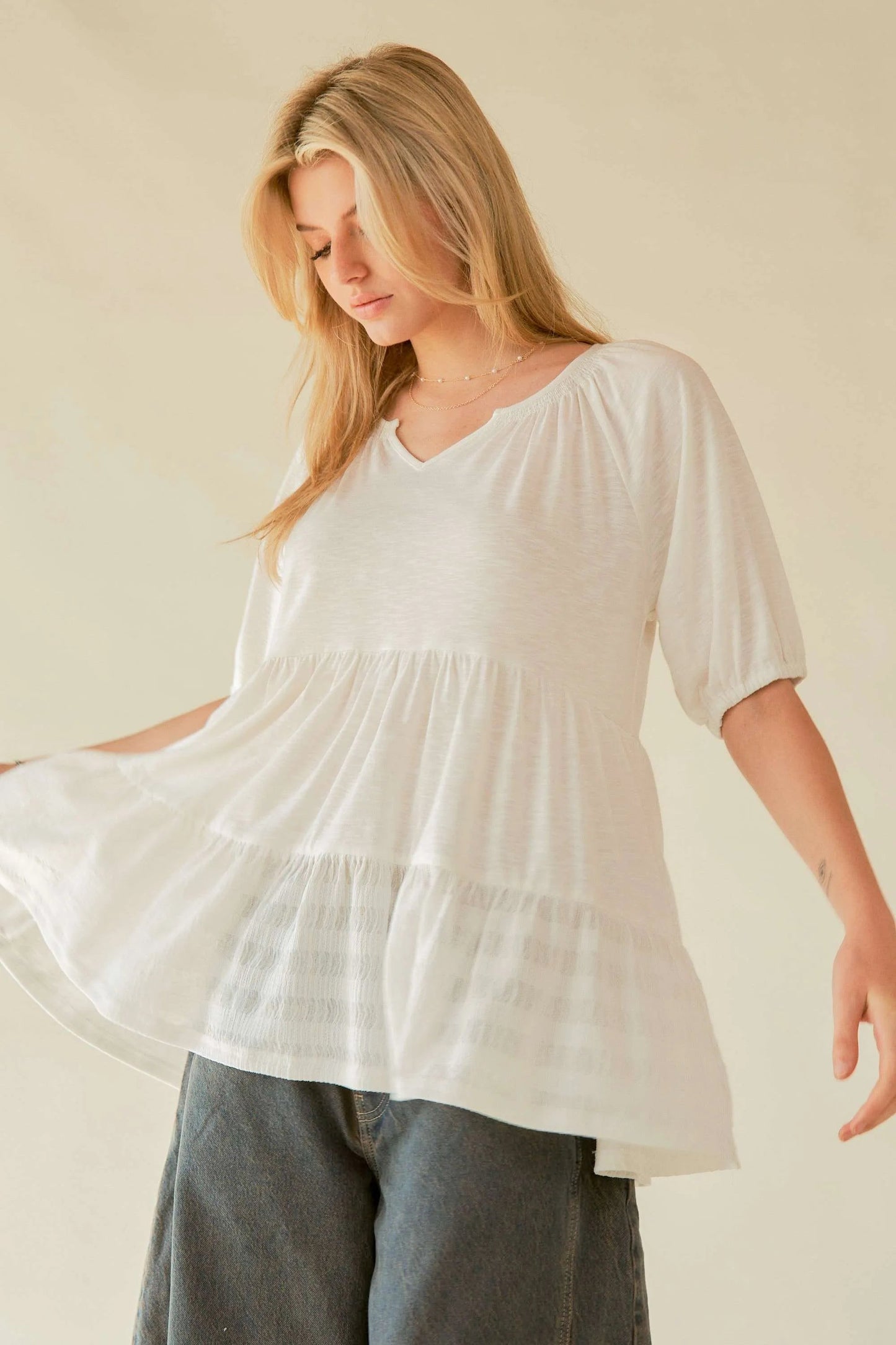 Davi & Dani - Notched Neck Tiered Babydoll Top – Soft White