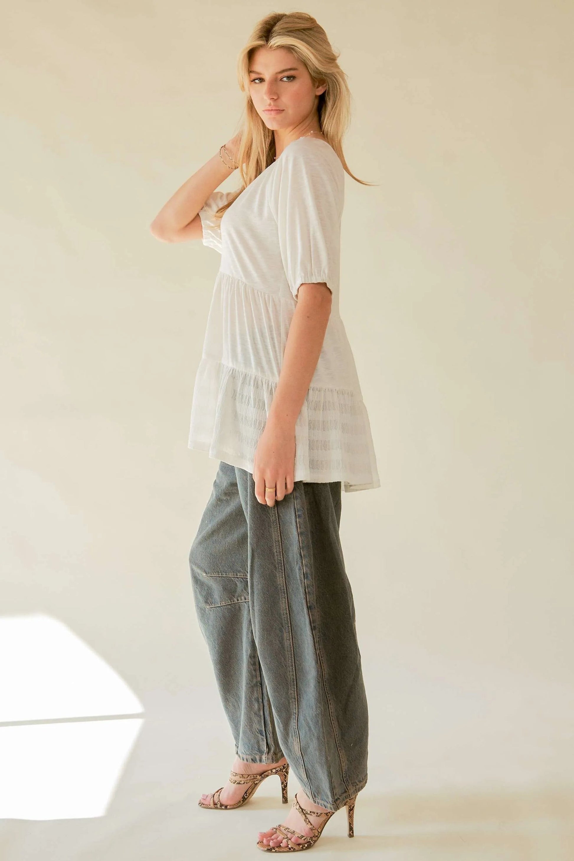 Davi & Dani - Notched Neck Tiered Babydoll Top – Soft White