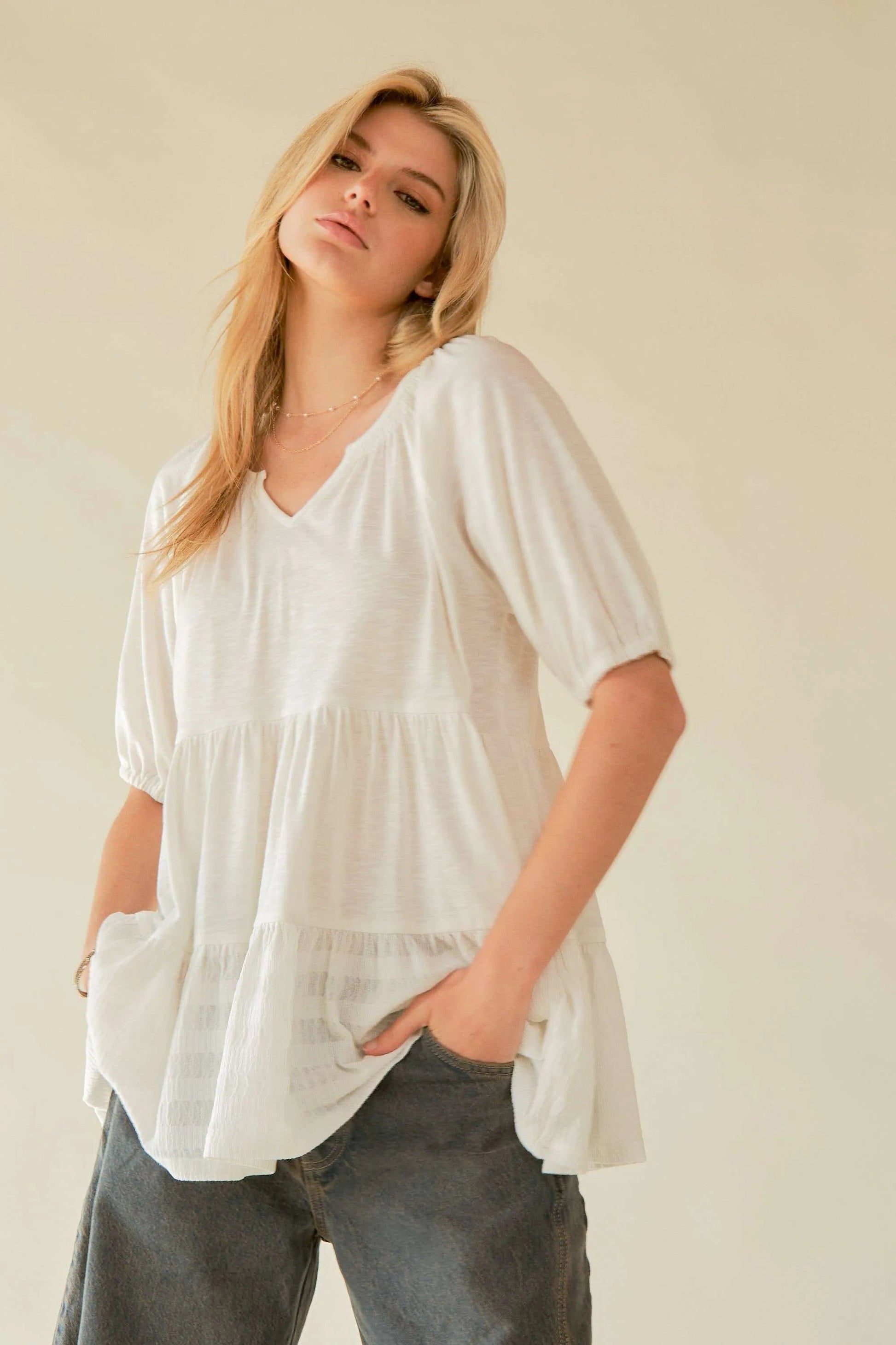 Davi & Dani - Notched Neck Tiered Babydoll Top – Soft White
