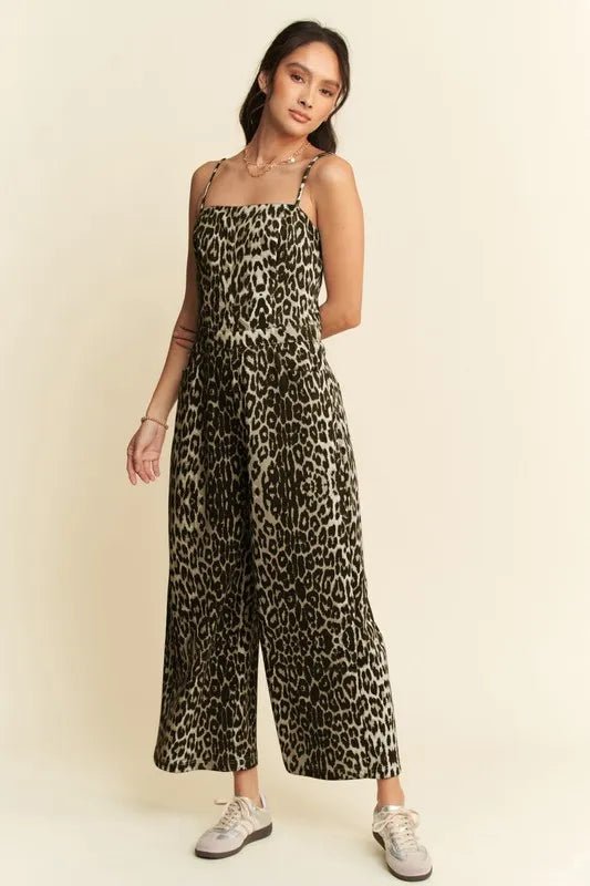 Davi & Dani - Olive Leopard Print Wide Leg Jumpsuit