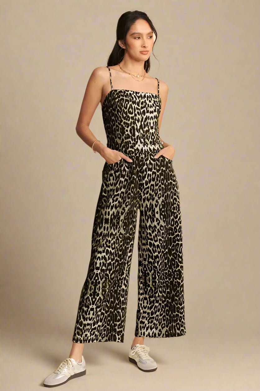 Davi & Dani - Olive Leopard Print Wide Leg Jumpsuit