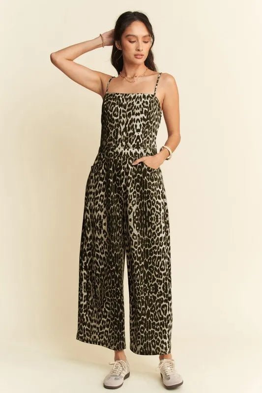 Davi & Dani - Olive Leopard Print Wide Leg Jumpsuit