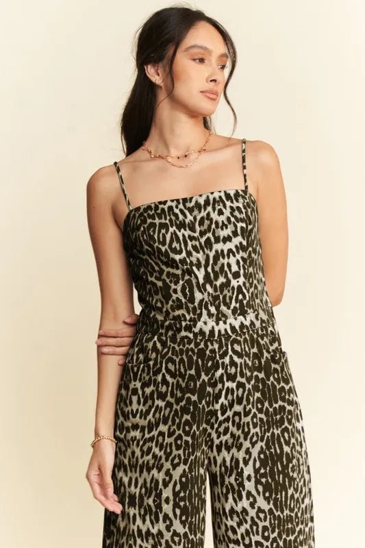 Davi & Dani - Olive Leopard Print Wide Leg Jumpsuit