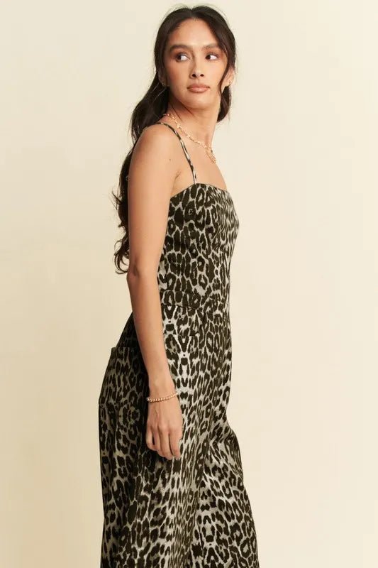Davi & Dani - Olive Leopard Print Wide Leg Jumpsuit