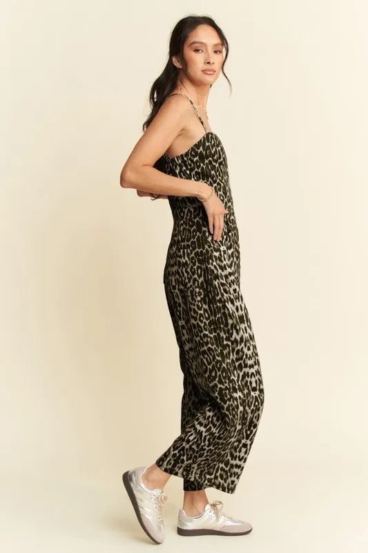 Davi & Dani - Olive Leopard Print Wide Leg Jumpsuit