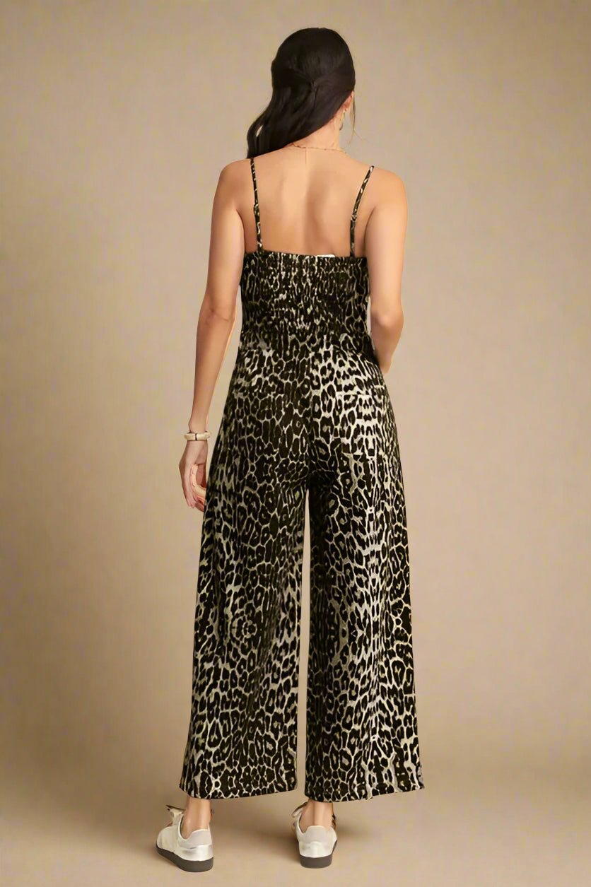 Davi & Dani - Olive Leopard Print Wide Leg Jumpsuit