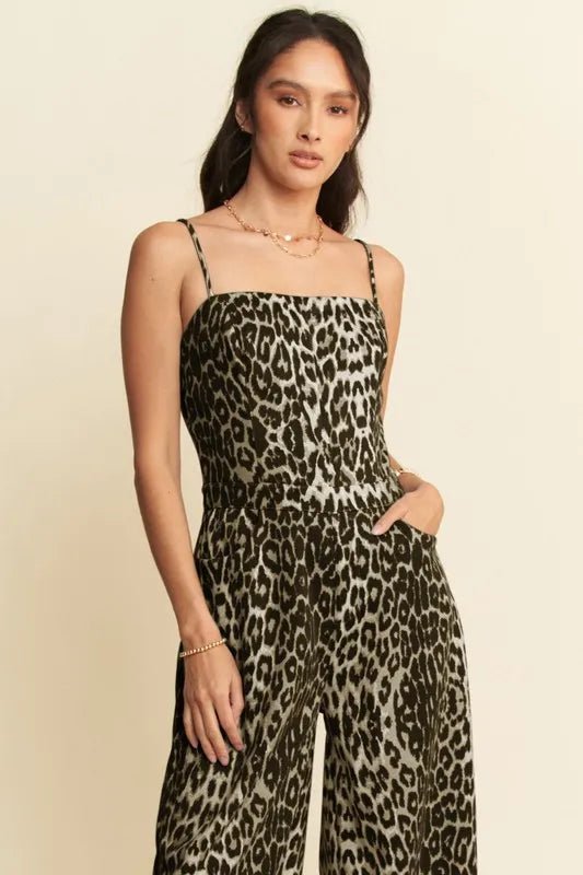Davi & Dani - Olive Leopard Print Wide Leg Jumpsuit