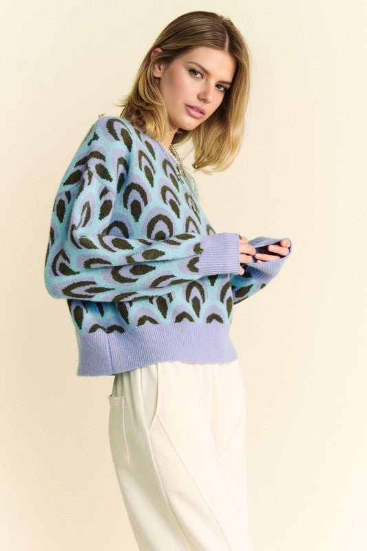 Davi & Dani - Pastel Blue Printed Relaxed Fit Sweater