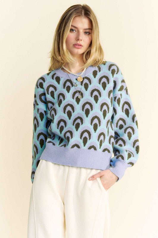 Davi & Dani - Pastel Blue Printed Relaxed Fit Sweater