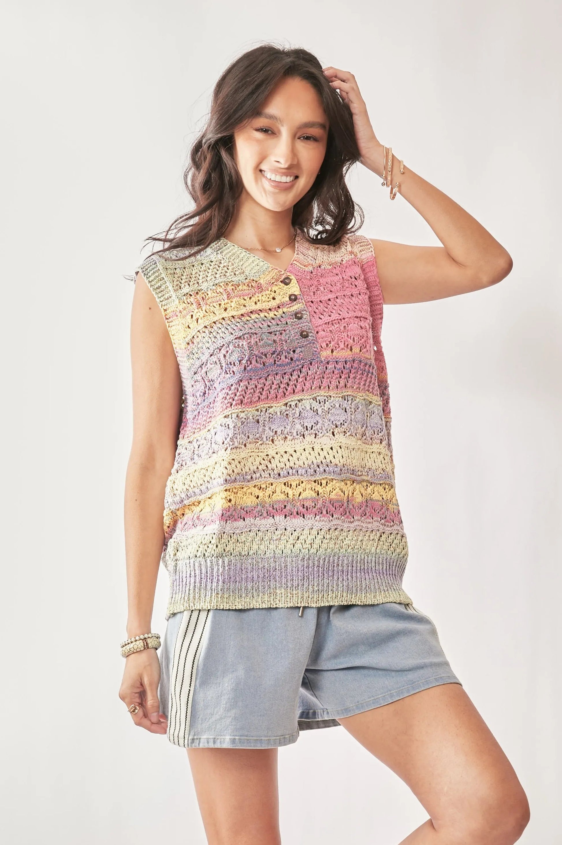 Davi & Dani - Pastel Multi Stripe Crochet Sweater Vest