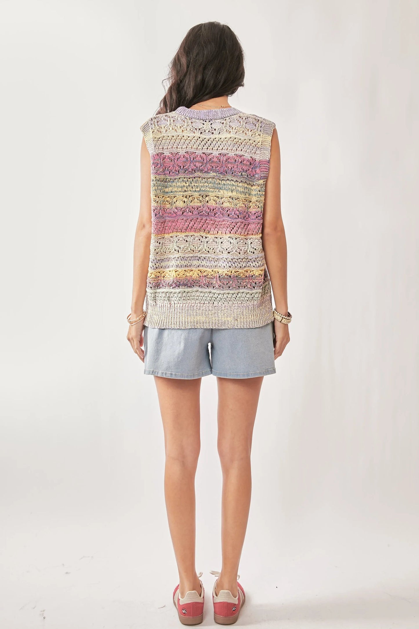 Davi & Dani - Pastel Multi Stripe Crochet Sweater Vest