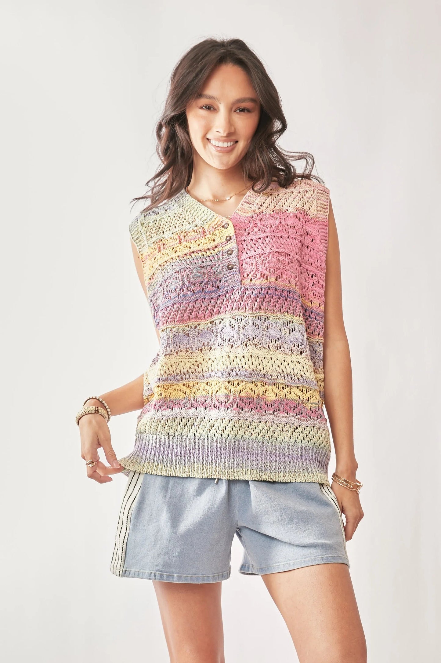Davi & Dani - Pastel Multi Stripe Crochet Sweater Vest